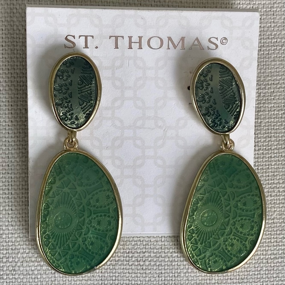 ST THOMAS Drop Earrings w/Post Back Green Glass Gold-Tone NWOT